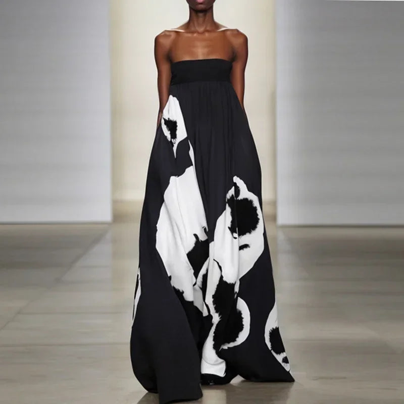 Hnewly  New Women Summer Tube Top Maxi Dresses Wedding Evening African Black Printed Vintage Loose Sexy Floor Length Dress Female