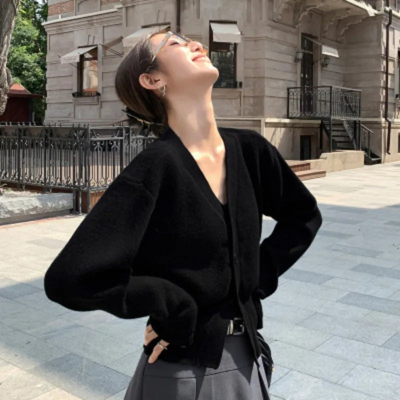 Hnewly  Women's Petite V-Neck Cardigan Soft Button Front Cropped Sweater Jacket Fall Winter 2025 Elegant Chic Outfit