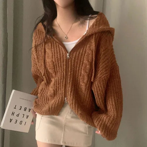 Hnewly  Chic Autumn Winter Lazy Sle Loose Twist Double Zipper Hooded Long Sve Knitted Open Cardigan Sweater Women's Faion