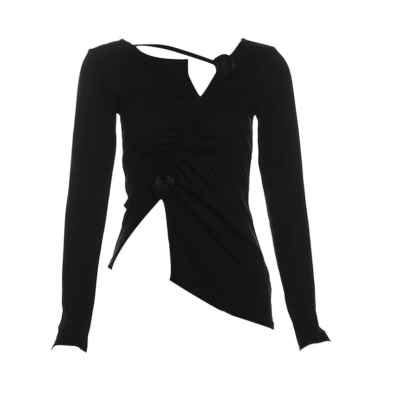 Hnewly spring birthday outfit y2k Aesthetic Tops Women Clothing Solid Color 3D Flower V Neck Long Sleeve Asymmetrical Hem T Shirts 2000s Streetwear
