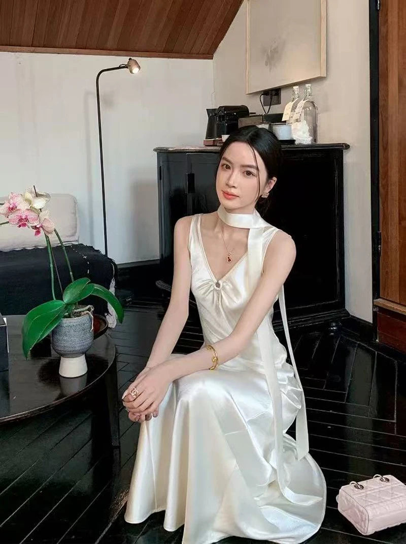 Hnewly Elegant Satin V Neck Dress Women Y2K Korean Chic Ribbon Slim Midi Dress Summer Sexy Hollow Out Folds Sleeveless Vestidos Mujer