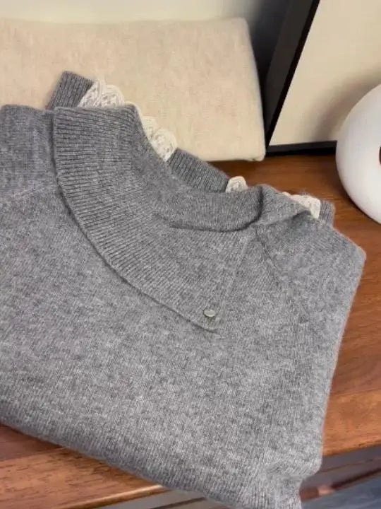 Hnewly  Lace Splicing Sweater Women Spring Autumn Temperament Turndown Collar Grey Knitted Pullover Loose Long Sleeved Soft Warm Top