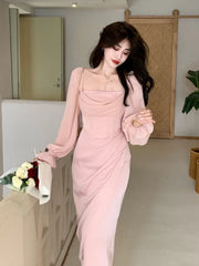 Hnewly Autumn Solid Elegant Fairy Dresses Women Casual Party Fashion Korean One Piece Dress Female Lace Vintage Chic Midi Dresses