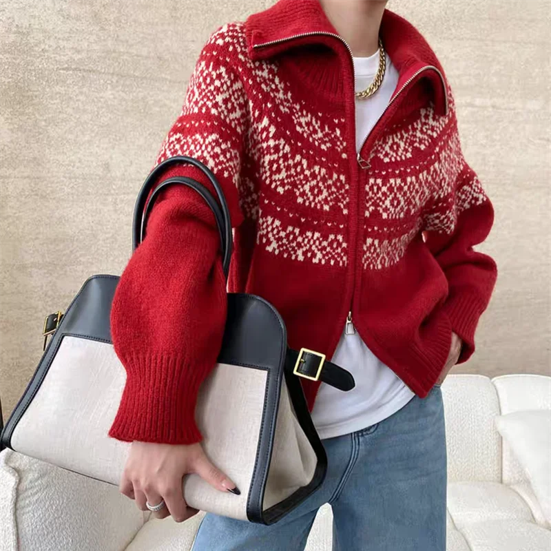 Hnewly  Women Fair Isle Sweater Zipper Front Collared Zip-up Sweater Knit Jacket Cozy Knitwear Teen-girl Fall Winter Vintage Outfit