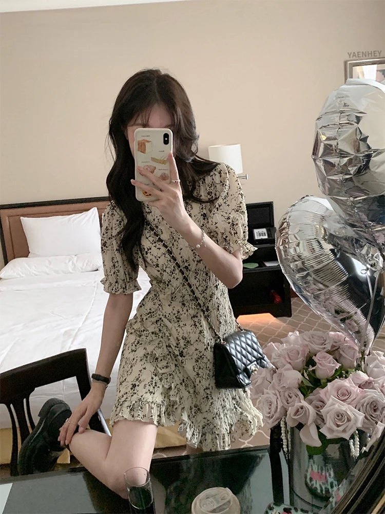 Hnewly Vintage V-Neck Printing Butterfly Sleeve Mini Dresses for Women Party Elegant Streetwear Slim Bodycon Dress Korea Summer