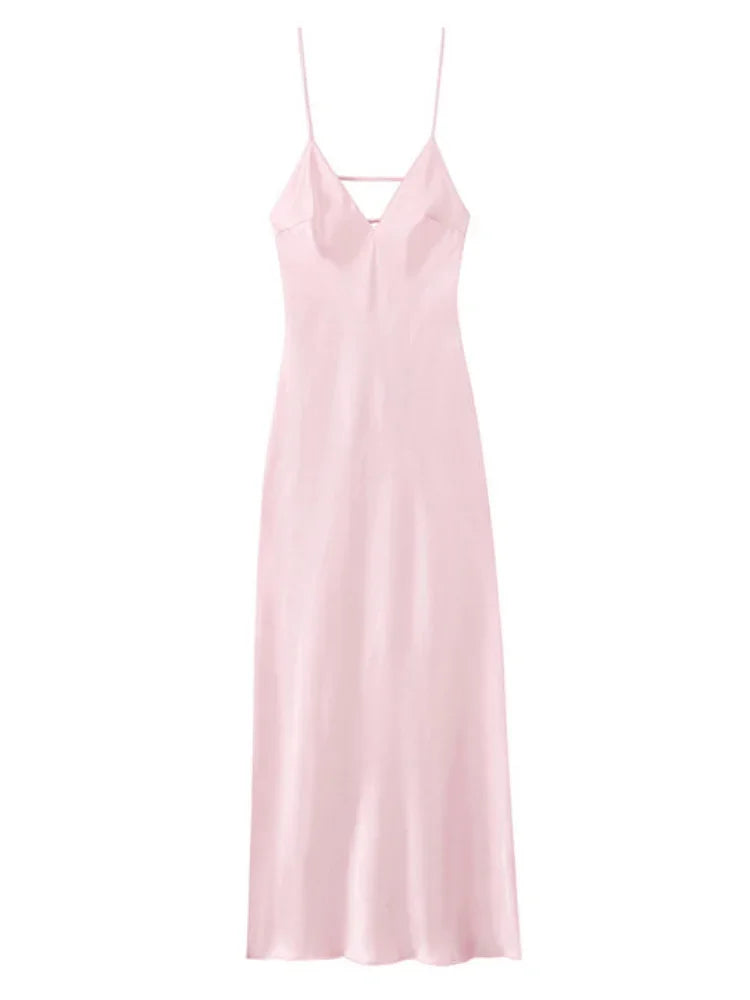 Hnewly Fashion Solid Stain Sling Maxi Vestido Chic Sleeveless Backless V Neck Off Shoulder Slim Dress 2025 New Summer Lady Evening Wear