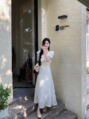 Hnewly  Woman Dress Polka Dot Puff Short Sleeve Ruffles Bandage V Neck Temperament Sweet Dresses Elegant Female Fashion