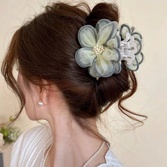 Hnewly  1Pc Elegant Mesh Flower Hair Claw With Faux Pearls Large Clutcher Hair Clip Vintage Sweet Hair Accessory For Women Daily Wear