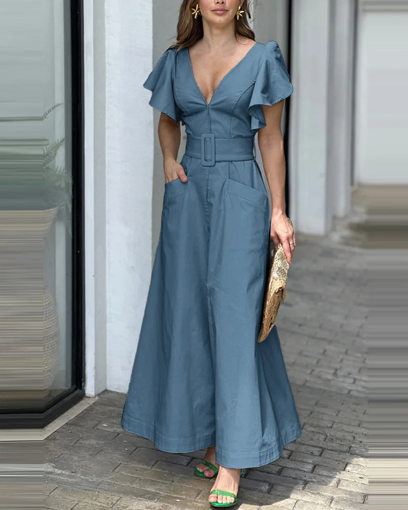 Hnewly  Fashionable High Waist Bell Bottom Long Dress Women's Street Style Deep V Casual Gown A-Line Skirt Short Sleeve Polyester