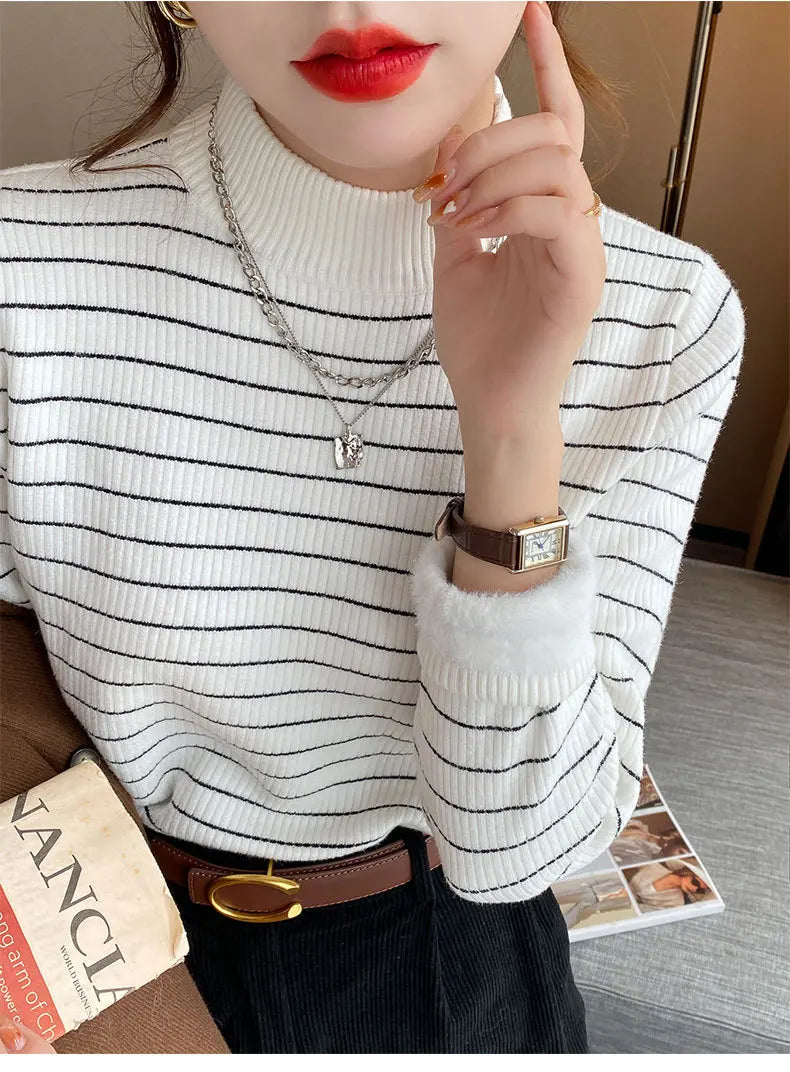 Hnewly  Half High Collar Striped Sweater Velvet Bottoming Shirts for Women's Autumn Winter Thicked Warm Pullover Slim Knitting Top
