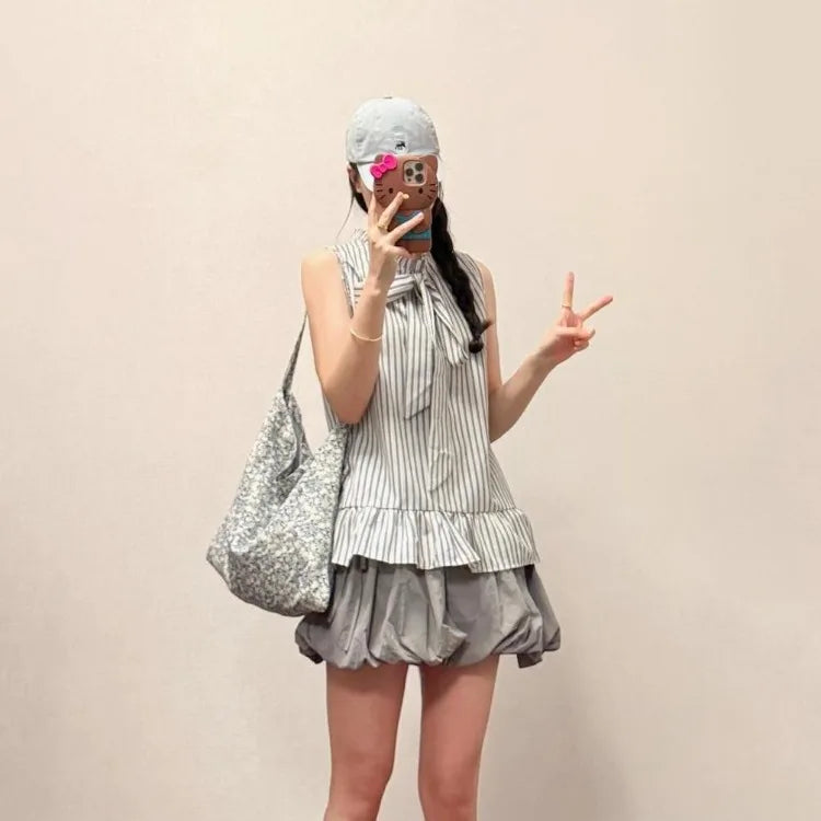 Hnewly  Summer New Elegant Striped Halter Sleeveless Shirts Women+ Y2k Fashion High Waist Floral Bud Skirts Two Piece Sets