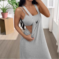 Lunivop  Fashion Loose Long Dresses European And American Grey Sleeveless Two-piece Suit Summer Casual Sexy Camisole Suit