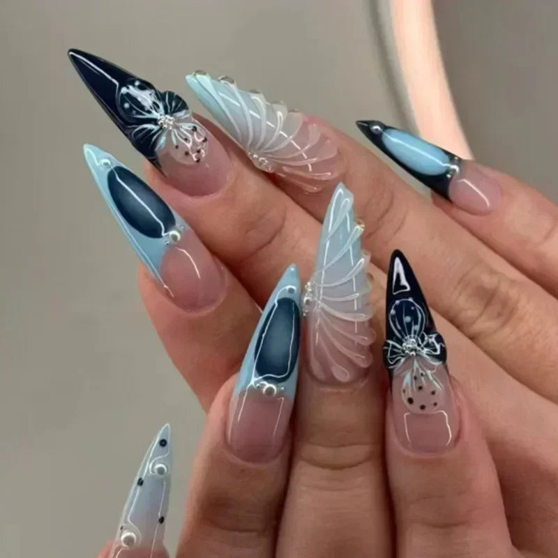Hnewly 24Pcs French Almond False Nails Glitter with Rhinestones Wearable Fake Nails Artificial Simple Full Cover Press on Nails Tips
