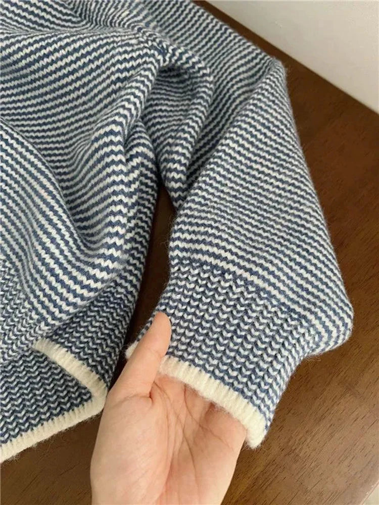 Hnewly Blue Striped Sweater for Women Y2K Autumn Winter Loose Lazy Style Patchwork Pullover Female Korean O Neck All Match Jumpers New
