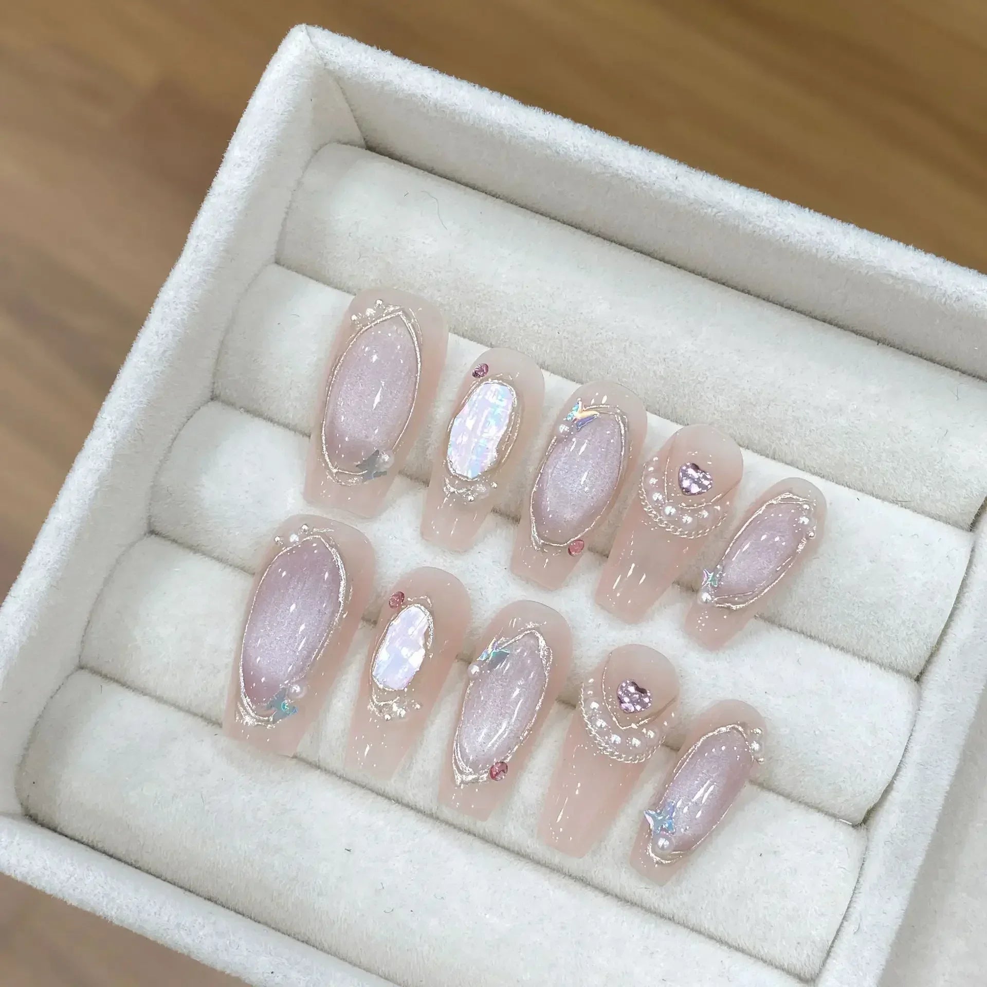 Hnewly 10Pcs Handmade Press on Nails Long Ballet Blue Fake Nails with 3D Ocean Moon Rhinestone Design False Nails Full Cover Nail Tips