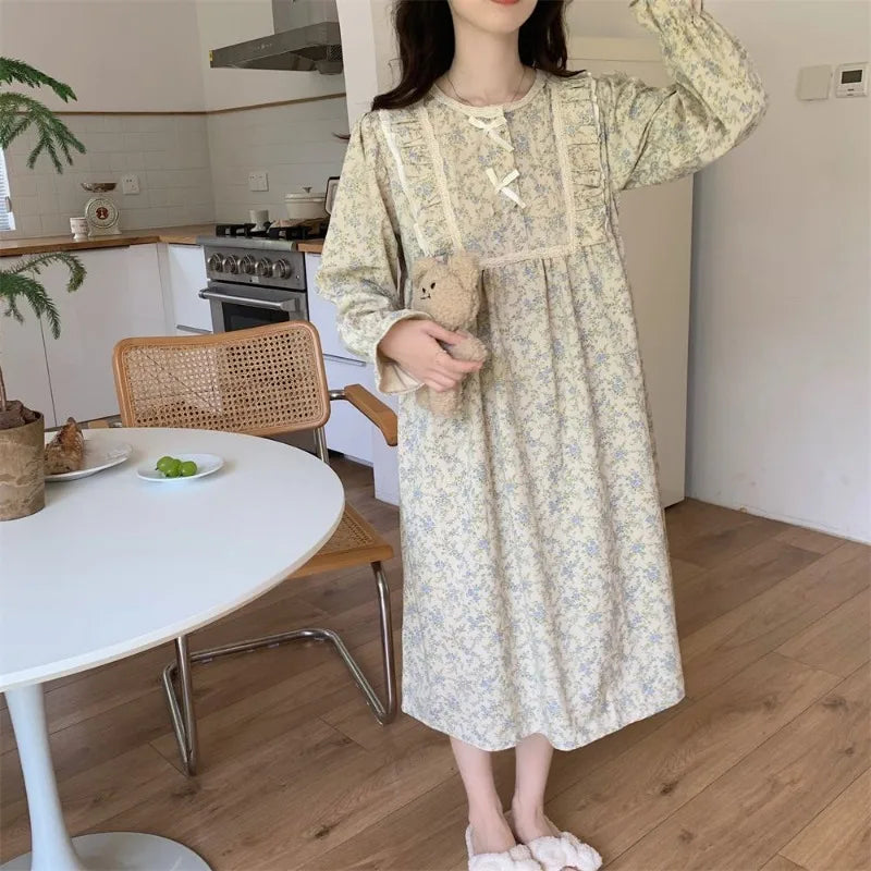 Hnewly Long Sleeve Nightgowns Women Floral Bow Temper Autumn Home Cozy Aesthetic O-neck Prairie Chic All-match Sleepwear Korean Style