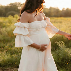 Hnewly  Maternity Dress Photoshoot Cream White Polka Dot Off-Shoulder Long Gown Outdoor Field Wildflower Pregnancy Photo Dresses
