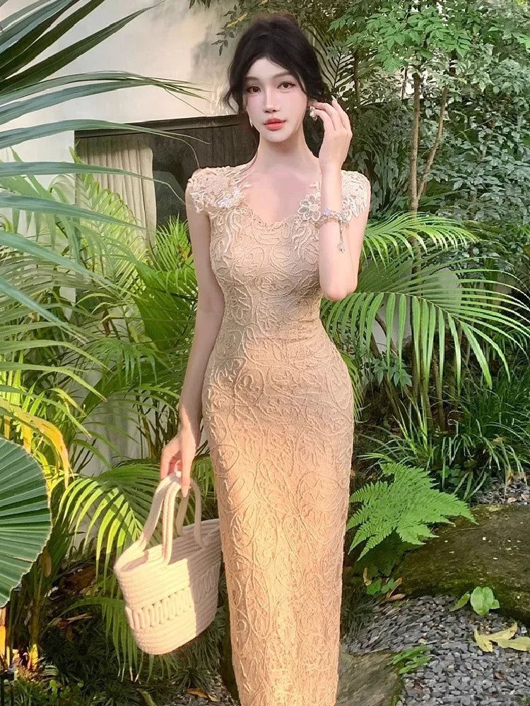 Hnewly  Women Dress Lace Patchwork Sleeveless Slim Split V Neck Summer Fashion Sexy Elegant Temperament Party Dresses Female