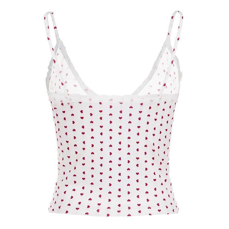 Hnewly y2k Sweet Heart Print Crop Top Cute Coquette Lace Stitching V neck Sleeveless Camis Women Casual Kawaii Strap Tops Basic
