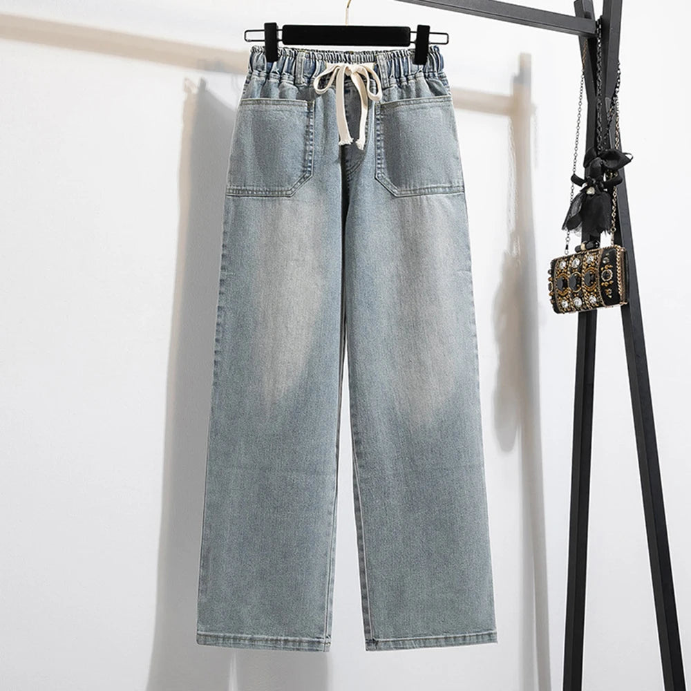 Hnewly XL-5XL Oversize Jeans Women's High Waisted Drawstring Wide Leg Denim Pants 2025 New Spring Autumn Loose Straight Leg Mop Pants