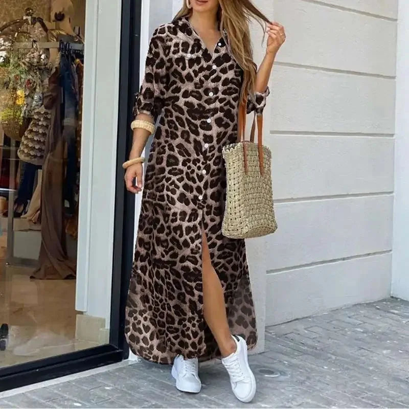 Lunivop  New European American Spring Summer Casual Leopard Print Fashion Slit Extra Long Women's Shirt Dress