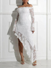 Hnewly  Solid Hollow Out Lace Irregular Hem Dreses for Women Slash Neck Off The Shoulder Sleeve Backless Strapless Dress Female Mew