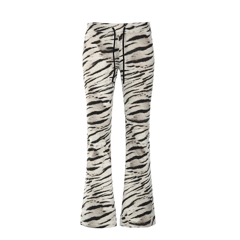 Hnewly Harajuku Skinny Zebra Stripe Pattern Flare Pants Women Streetwear Casual Low Waist Trousers Sweatpants Bottoms Retro