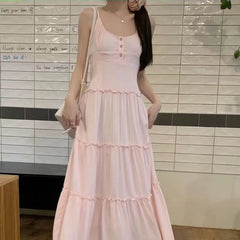 Hnewly  Pink Cute Midi Dresse Sweet Ruffle Casual Elegant Chic Beach Long Spaghetti Strap Button Holiday Gentle Dress Fairycore