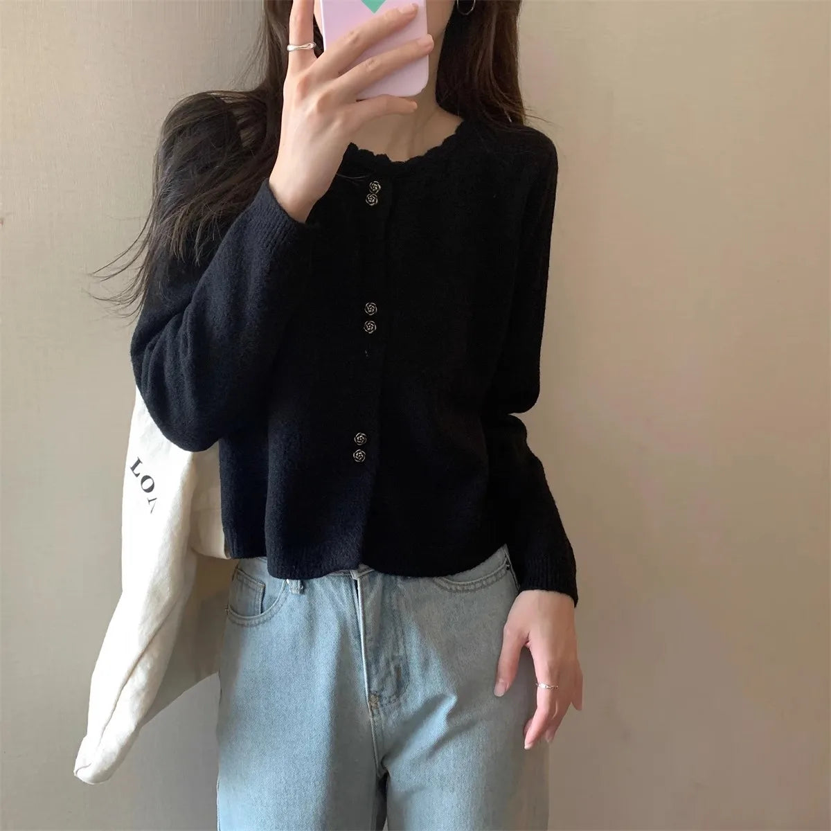 Hnewly  Sweet Short Hollowed Out Sweater Chic Buttons Long Sleeved Knitted  Cardigan Jacket Korean series Round Neck Loose Top