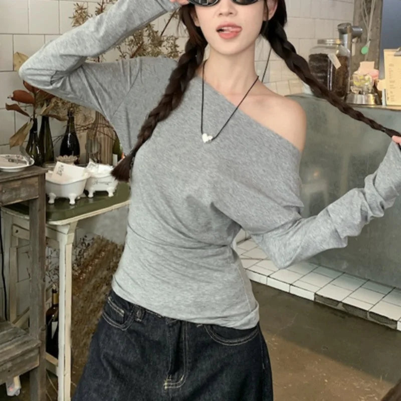 Hnewly y2k Aesthetic Tops Women Punk Gothic Clothing Slant Neck Off Shoulder Long Sleeve T Shirts 2000s Clothes Streetwear