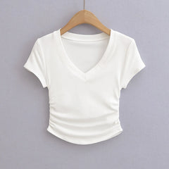 Hnewly  Summer sexy t shirts for women short sleeve tees black korean fashion t shirt v neck top pink ruched white crop top y2k fashion