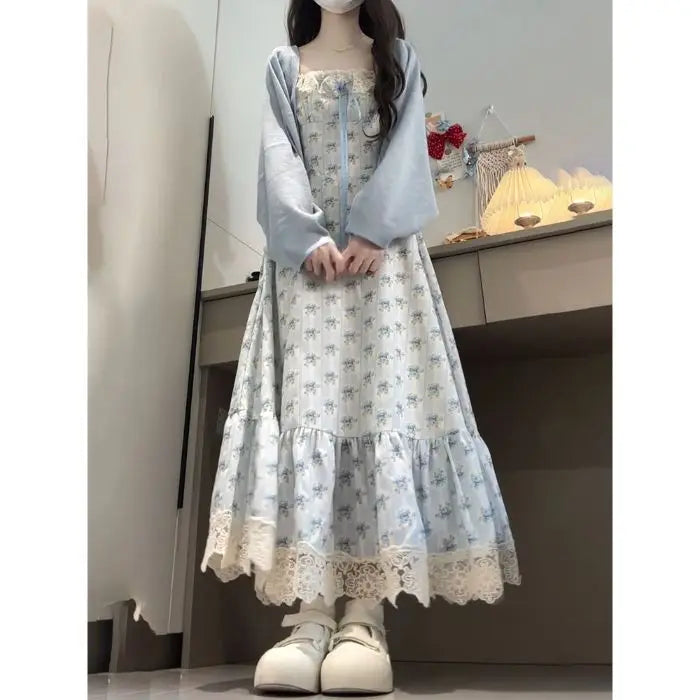 Hnewly  Summer New Lace Splicing College Style Gentle Waist Cinching Slimming Doll Collar Floral Print Dress High Waist A-Line S...
