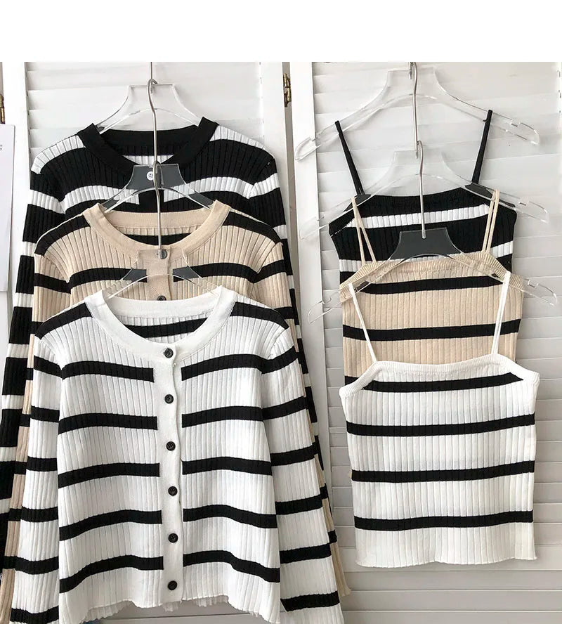 Hnewly  Women's Striped Knitting Cardigan Single Breasted Long Sleeved Sweater+Spaghetti Straps Vest Spring Autumn Korean Top 2pcs