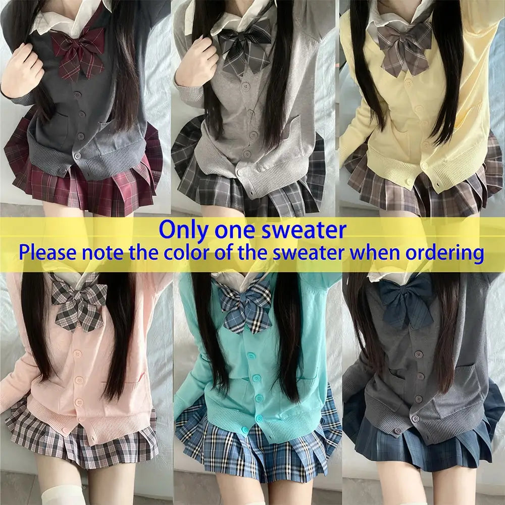 Hnewly 3Pc Set Japanese Korean School Uniforms Multicolor Sweater&Plaid Pleat Skirt with Bow Jk Uniform Suit Graduation Costumes Women