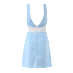 Lunivop  Fashion Light Blue Satin Spliced Lace V neck Tank Dress Women Hollow Out Slim Waist A-lined Sleeveless Short Dresses Femme Robe