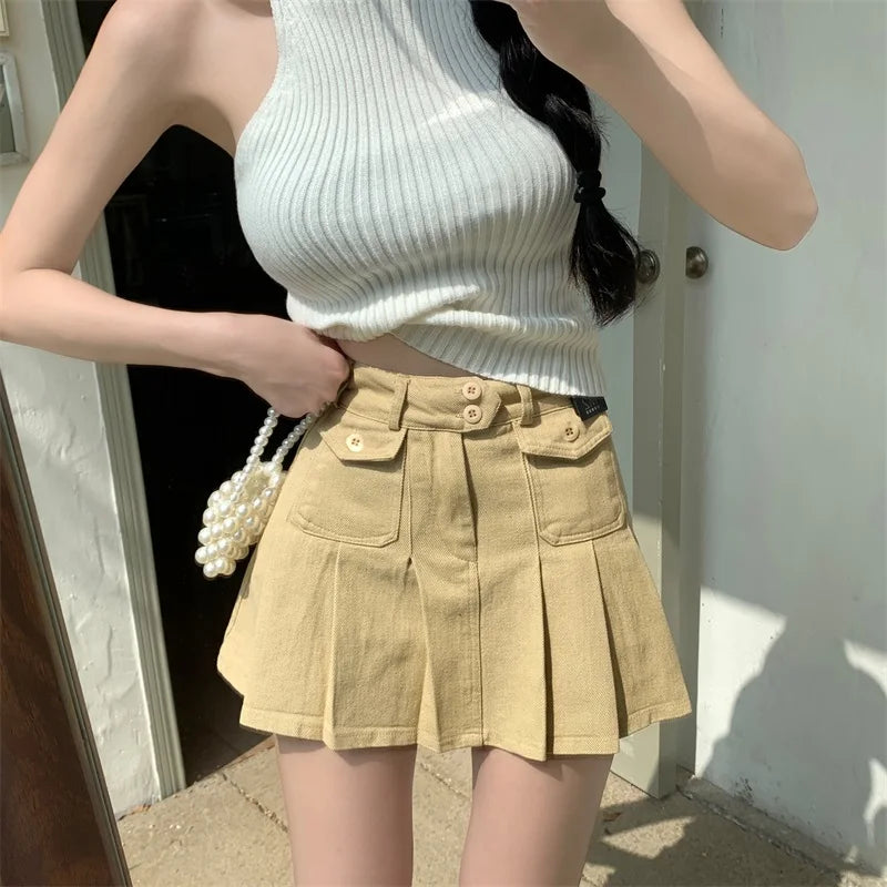 Hnewly Spicy Girl White Denim Skirt Chic High Waist A-line Ultra Short Skirts Women's 2024 Summer New Cool High Street Pleated Skirt