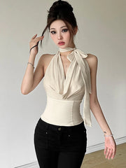 Hnewly Korean Fashion Sleeveless Tank Tops Women Vintage Plaid Y2k Crop Top Female Casual Outdoors Backless Blouse Chic Streetwear