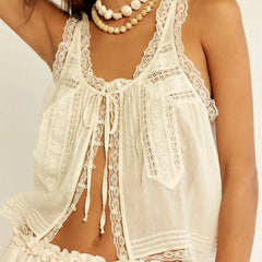 Hnewly  Women's Boho Vintage 2 Piece Pants Outfit Summer Casual Sleeveless Tie Front Lace Trim Tank Tops Drawstring Pants Sets