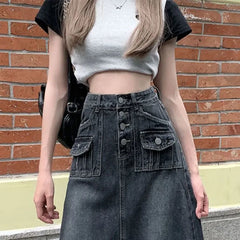 Hnewly  Winter Woman Floor-Length Denim Skirts Y2K Single Breasted Loose Long Skirt Women Korean Fashion High Waist Skirts Ladies