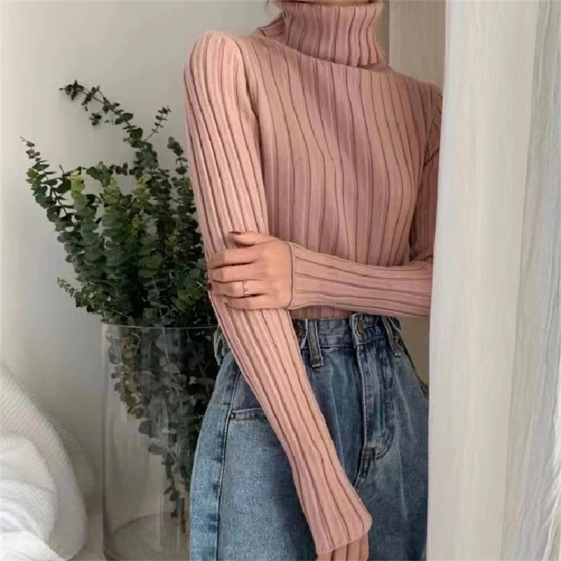 Hnewly Ribbed Sweater Women Clothes Solid Color Turtleneck Lettuce Trim Long Sleeve Pullover Winter Fall Clothing Streetwear