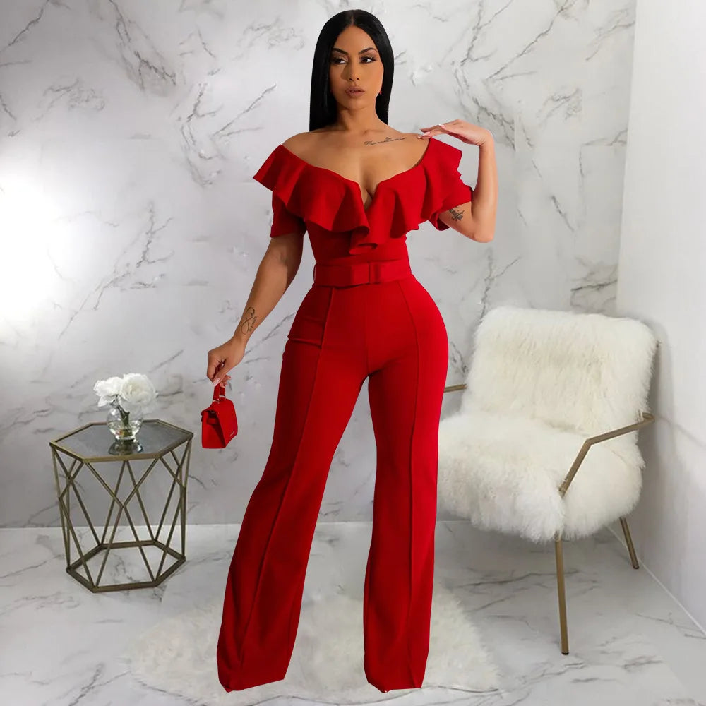 Hnewly Sexy Women Solid Color V Neck Flounce Girdling One-piece Long Sleeve Elegant Wide-Leg Jumpsuits Party Overalls