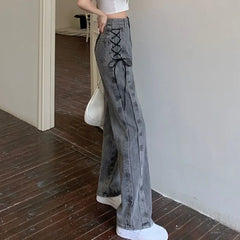 Hnewly  Korean Side Lace Up Design Pipe Pants Women Stylish Low Raise Gray Denim Full Pants Woman New Solid Straight Jeans Female