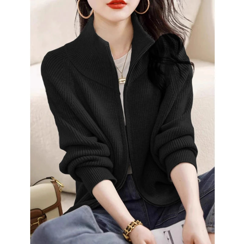 Hnewly  Women's Zip Up Sweater Cardigan Cozy Knit Stand Collar Zipper Front Plain Sweater Jacket Female Korean Chic Fall Winter Outfit