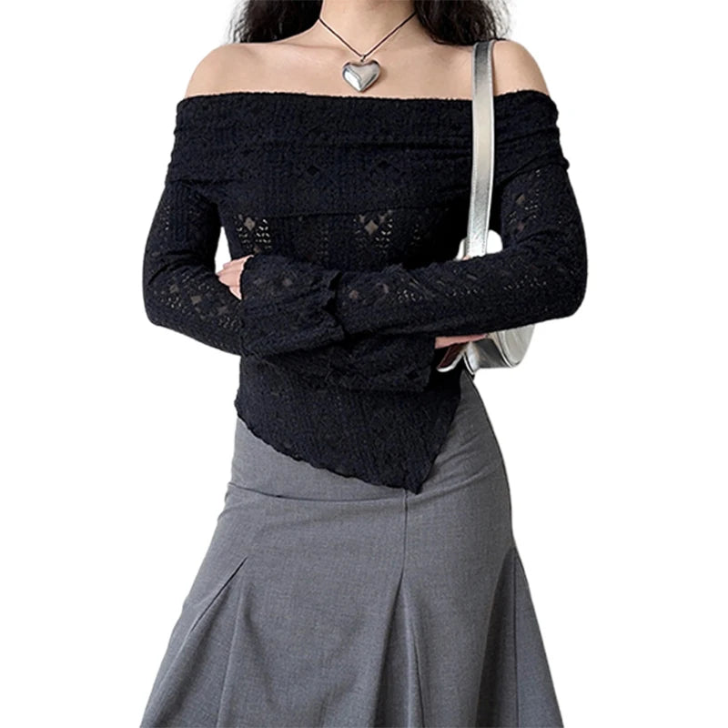 Hnewly y2k Lace Top Women Coquette Clothing See Through Off Shoulder Long Sleeve T Shirt 2000s Fairycore Clothes Streetwear