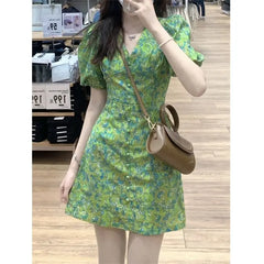 Hnewly  Summer Pink Kawaii Lolita Dress Women Mini Puff Sleeve Beach Casual Elegant Fairy Dress  Print Korea Cute Party Dress Female