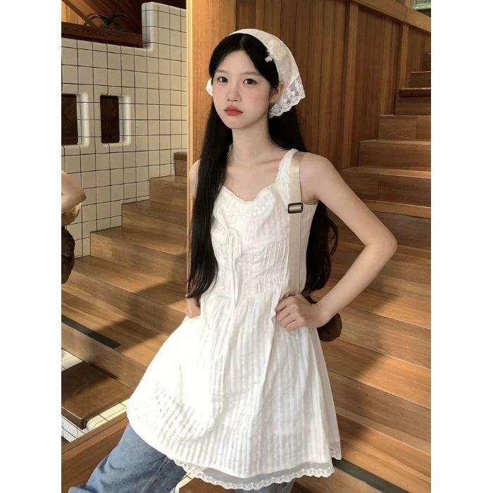 Hnewly White Dress Women Sleeveless Summer Holiday Mini Sweet Lace Flattering Waist A-line Vestidos Elegant Simple Korean Style Folds