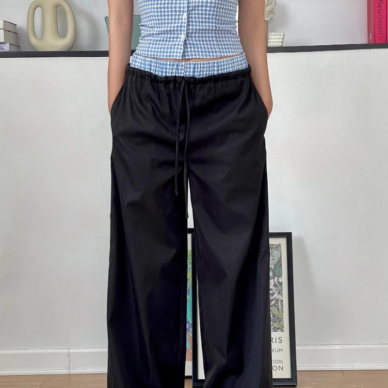 Hnewly Fashion Trend 2 Piece Set Retro Lattice Slim Halter Camis Tank Tops Women's Casual Loose Pants Street Commute Y2K Suit