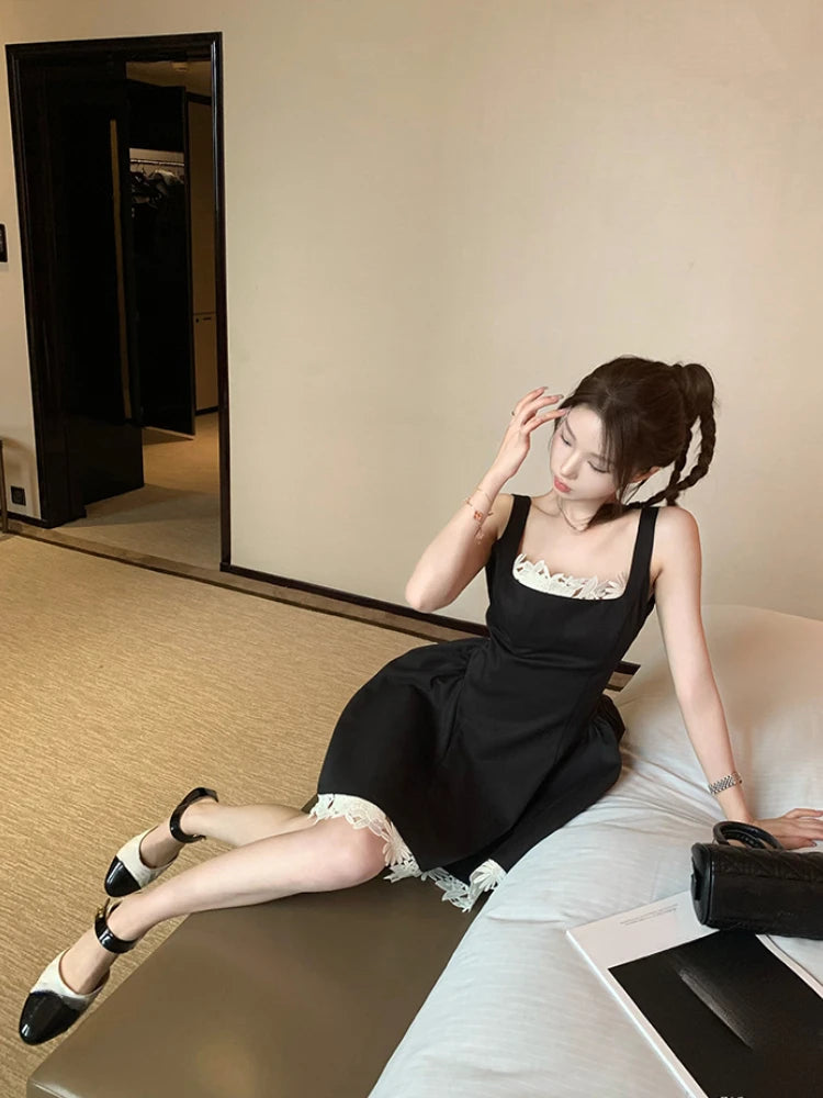 Hnewly Woman Sexy Backless Slim Y2k Mini Dress Sleeveless Fashion Birthday Party Dress Black Vintage One Piece Dress Korean Style