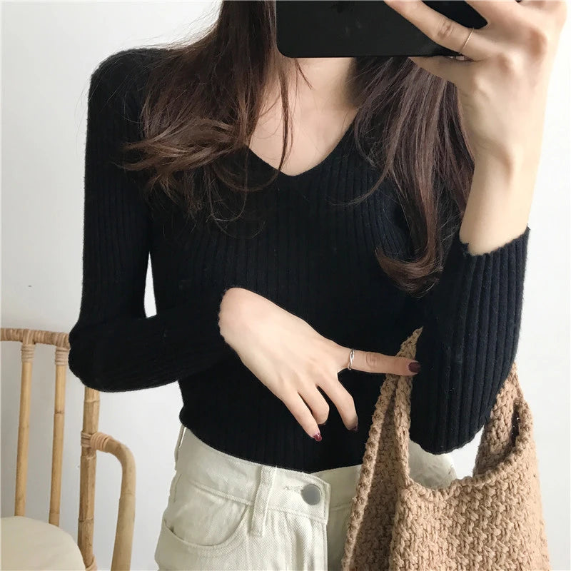 Hnewly  Rib-knit Long Sleeve Top for Women Soft Stretchy V-neck Fitted Knit Top Sweater Pullover Ladies Autumn Winter Layering Outfit