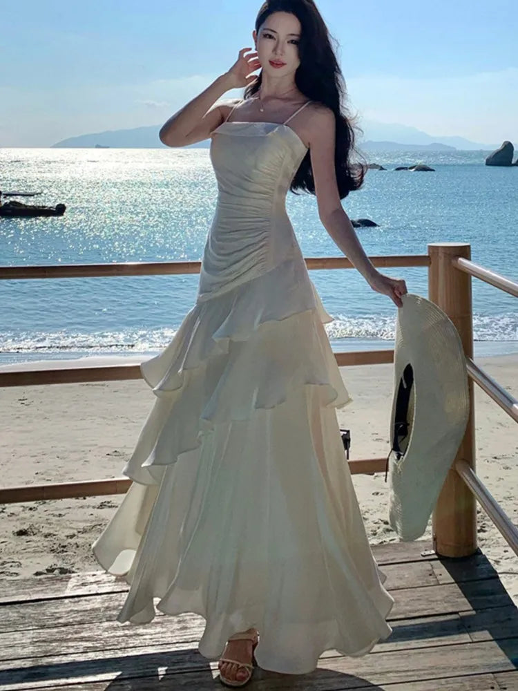 Hnewly Elegant Irregular Spaghetti Strap Womens Dresses Summer Sleeveless Ruffle Birthday Party Long Dress Slim Holiday Beach Vestidos